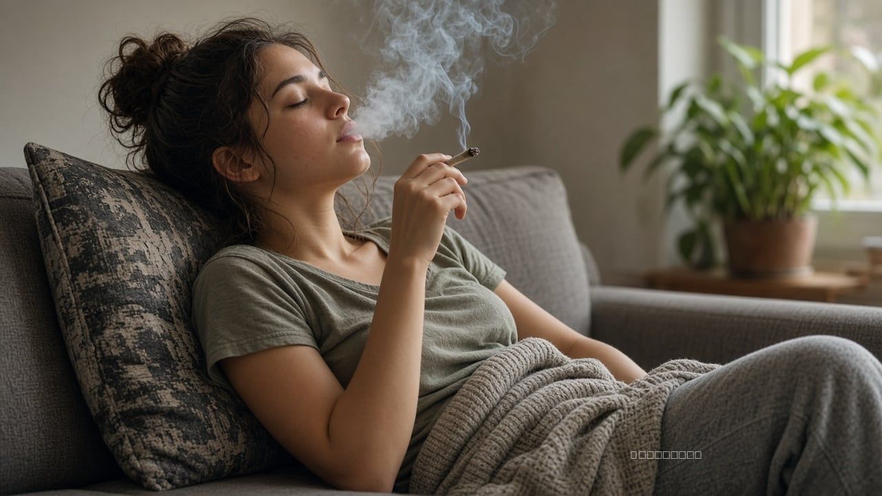 A young woman rests on a couch, fabric heating pad over abdomen smoking a joint