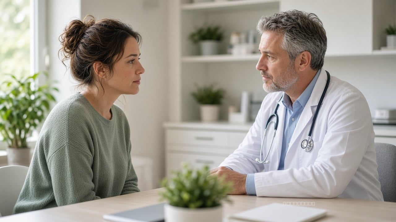 In a doctor's office, a woman talking to her doctor