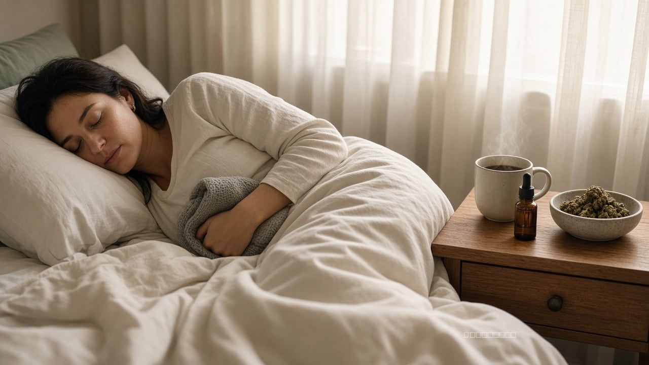 woman laying in bed with period cramps. Does cannabis help?