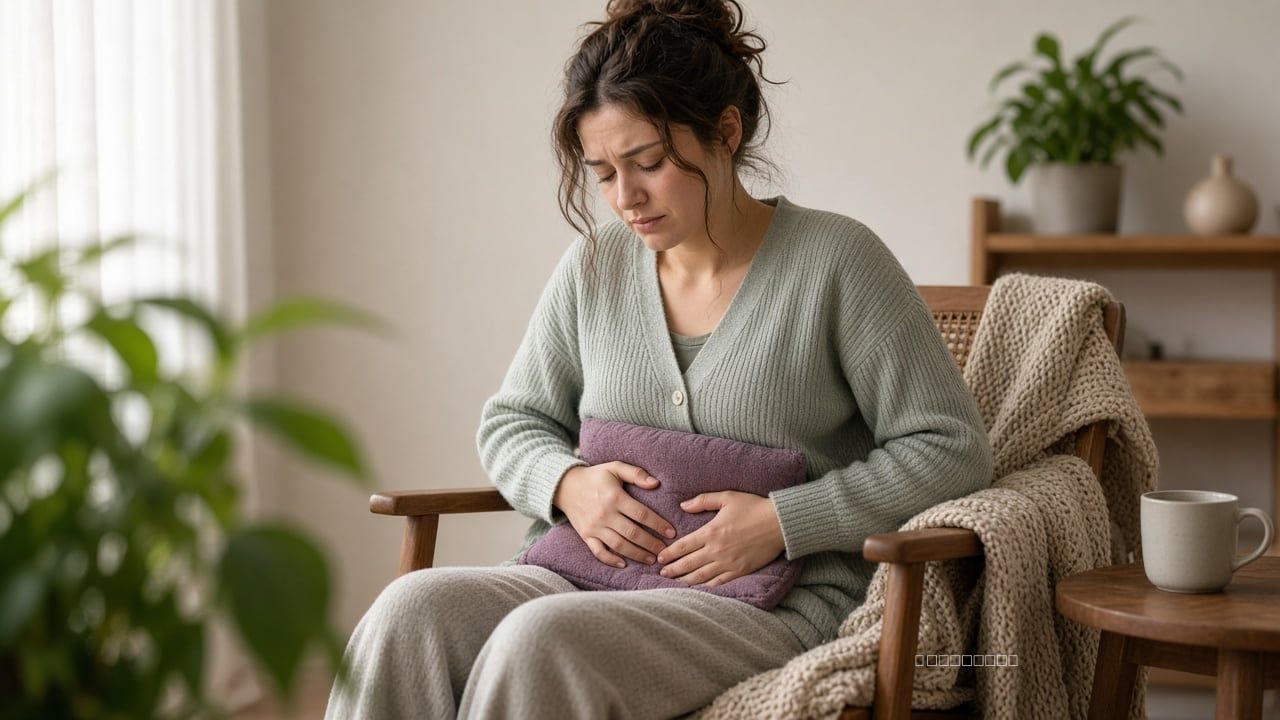 woman sitting on a chair with a heating pad over her abdomen because of period cramps