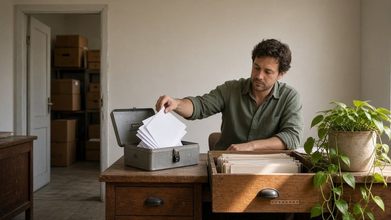 Bookkeeper moving invoices from a locked cash box into an ordinary wooden accounts drawer