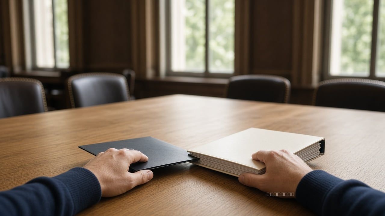 Counsel sliding an agency packet and a legislative binder together on a long oak table
