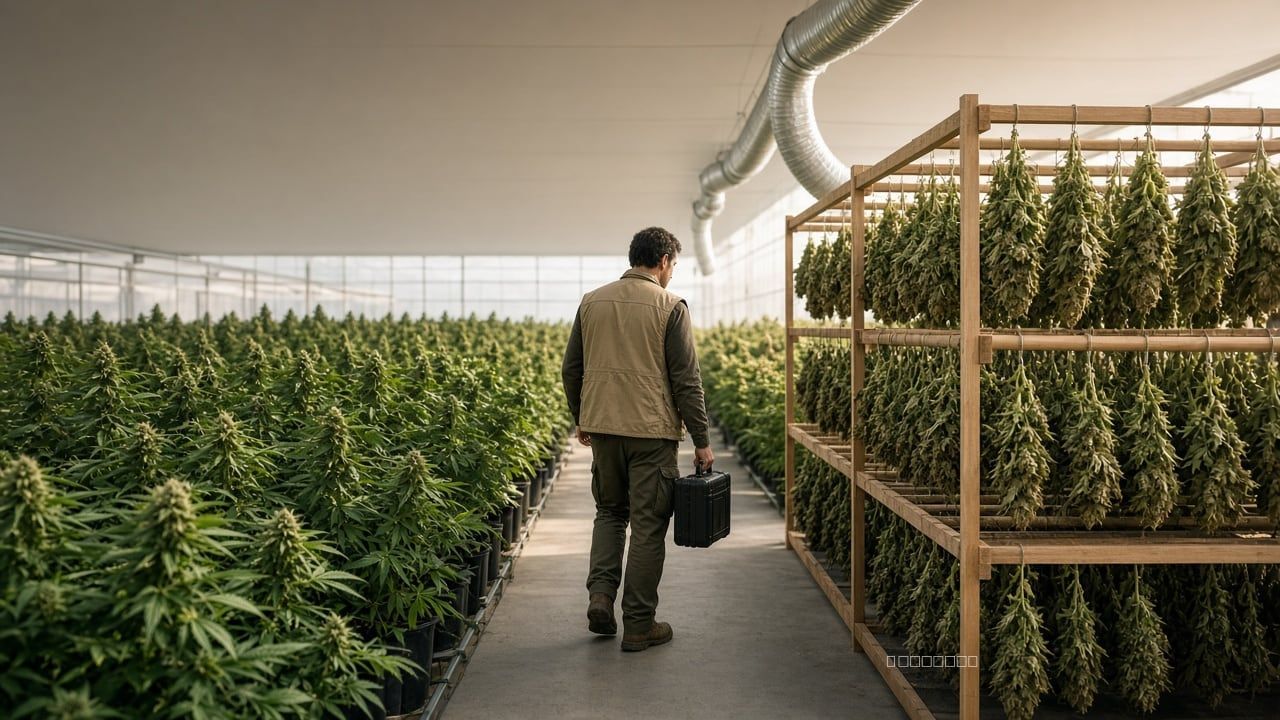 Inspector walking a licensed indoor flower room toward a timber rack of drying colas