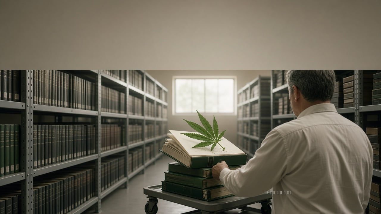 Librarian sliding a cannabis leaf from a thick legal binder in a government records aisle