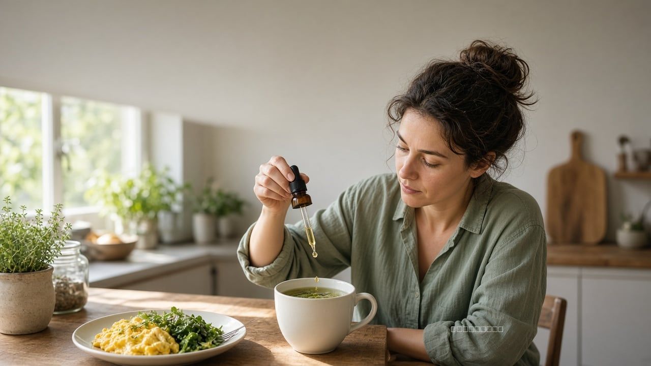 Woman adding oil from a dropper into tea beside a breakfast plate of eggs