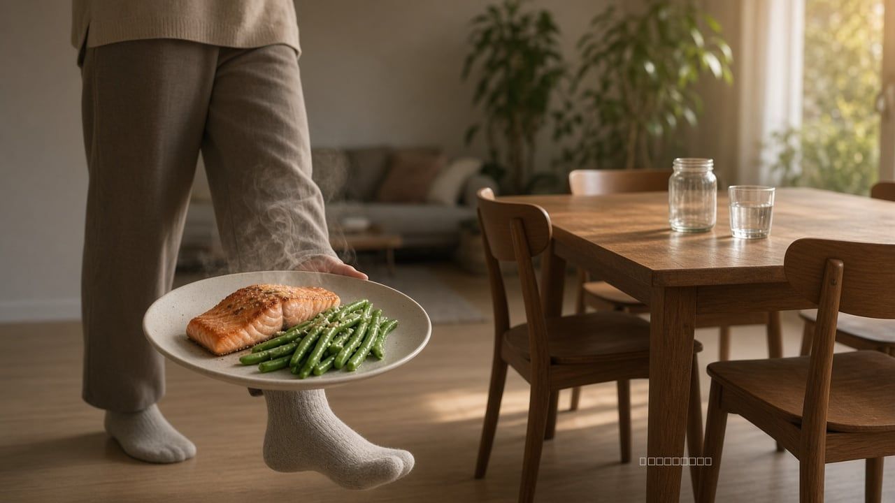Woman carrying salmon and green beans toward a table with a small glass jar
