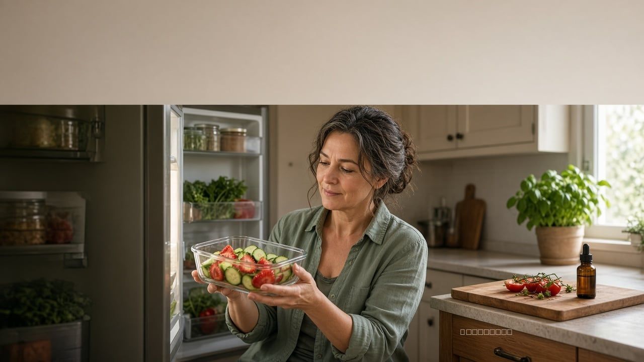 Woman opening a fridge while holding cut cucumbers and strawberries in a home kitchen