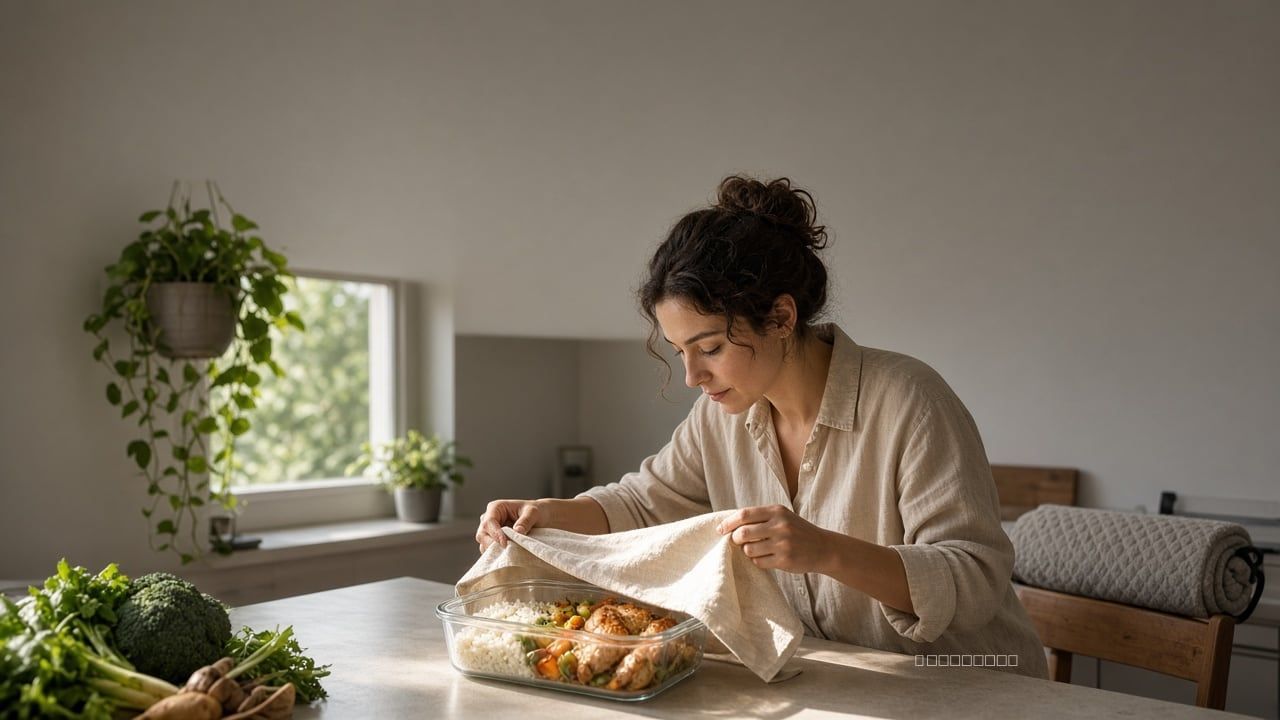 Woman unfolding a napkin over a glass lunch box of vegetables, rice, and chicken