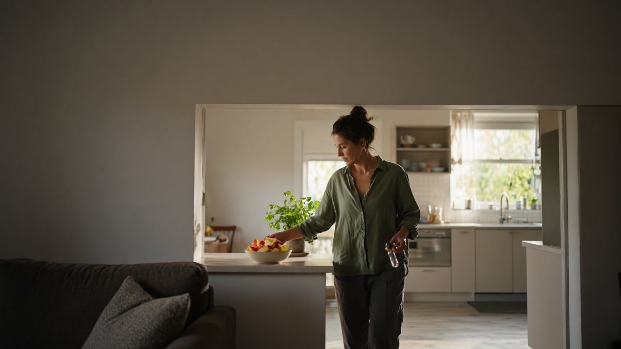 Woman walking from a living room toward kitchen apples with a small glass pipe in hand
