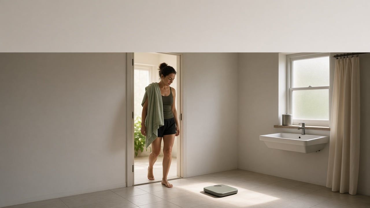 Woman walking through a bathroom doorway toward a floor scale in morning light