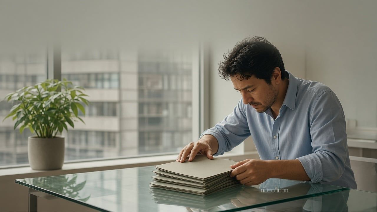 Associate gathering a stack of unmarked cannabis operator filings on a glass desk