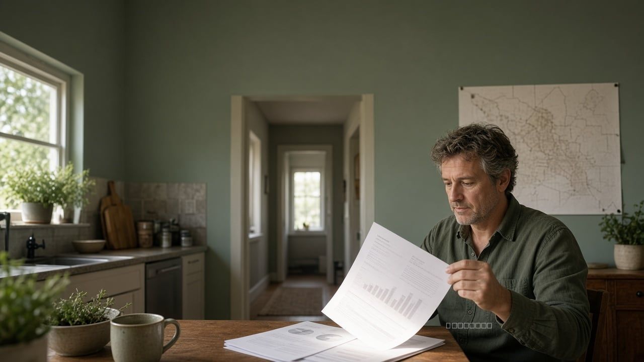Investor turning pages of a printed quarterly report at a kitchen table