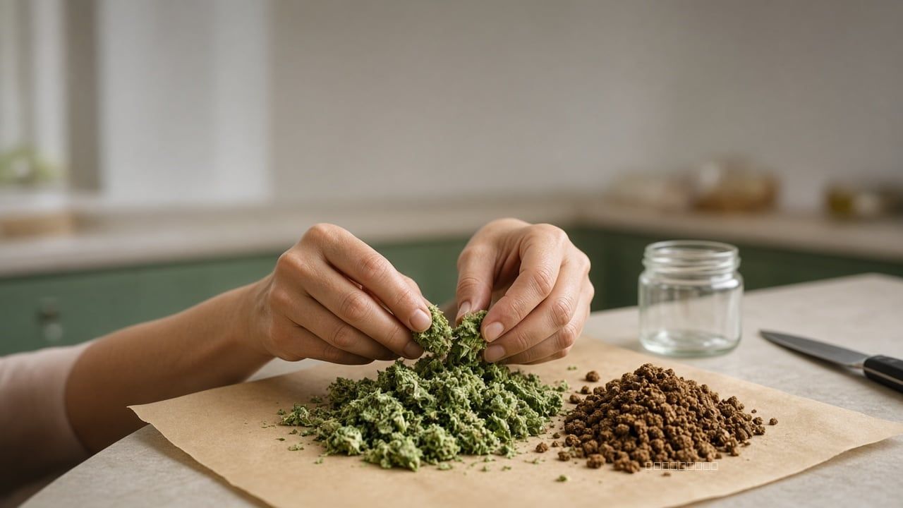 Fingers breaking raw green cannabis beside toasted brown flower on kitchen parchment.