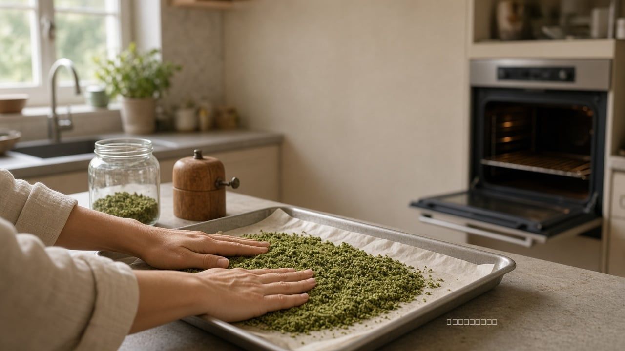 Hands spreading ground cannabis on a parchment-lined baking sheet in a home kitchen.