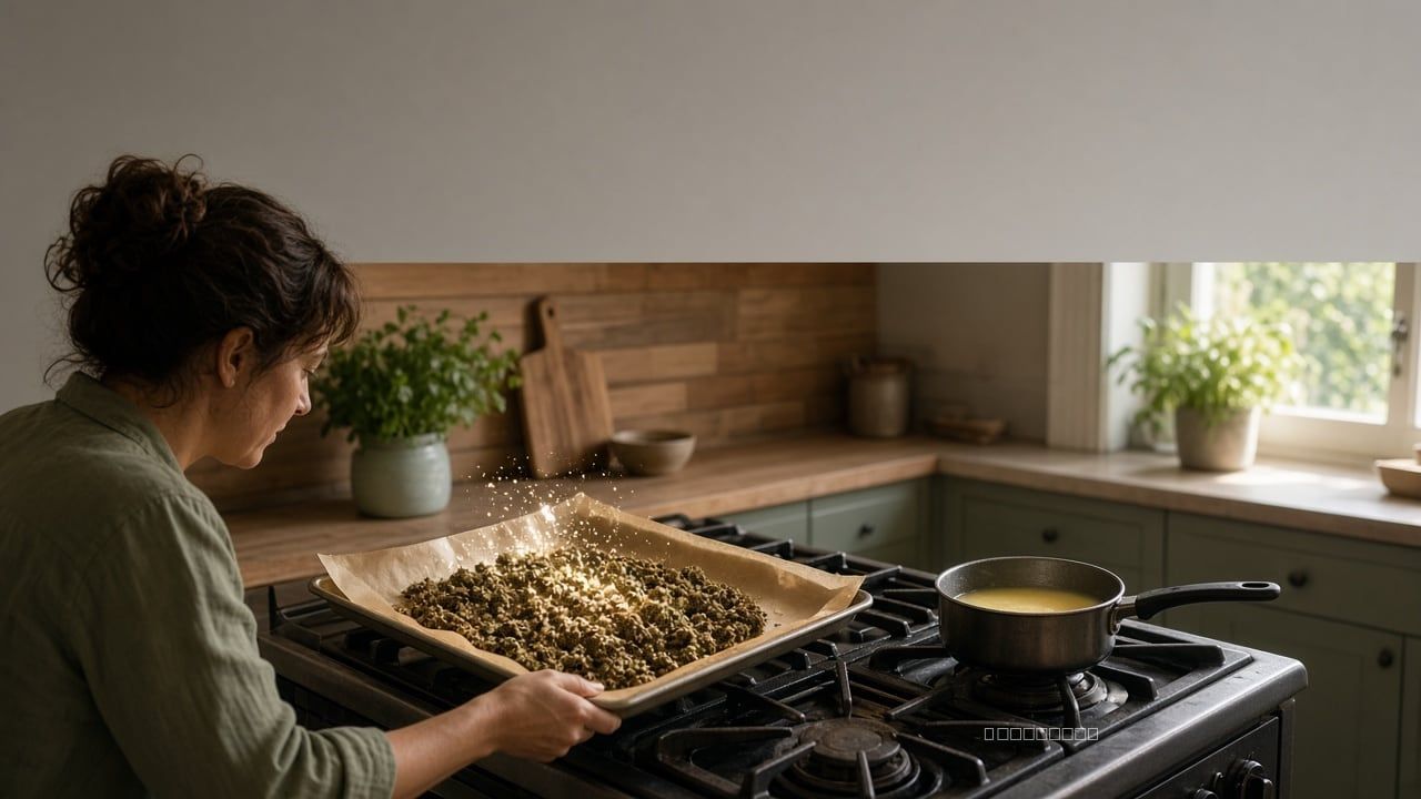 Toasted cannabis cooling on a baking sheet set on a stove burner.