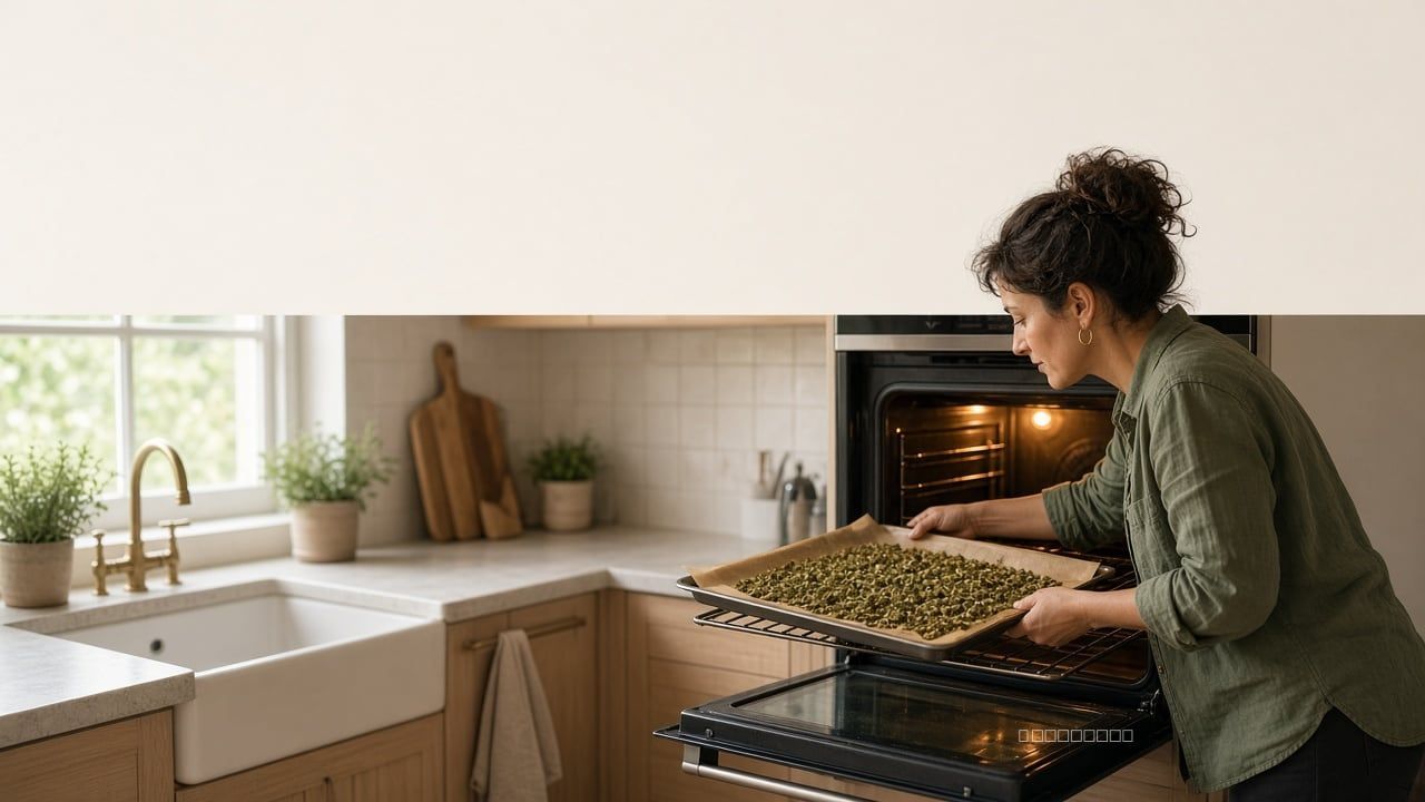 Woman sliding a tray of ground cannabis into an open home oven.