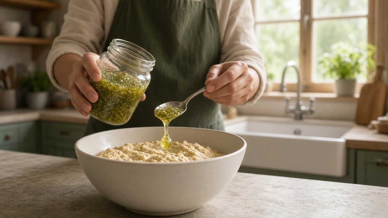 A cook spooning infused butter from a jar into a bowl of cookie dough