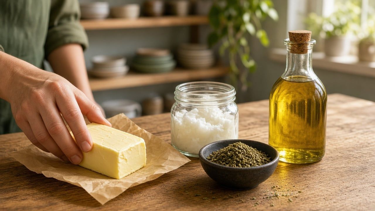 Butter, coconut oil, and olive oil being moved toward a bowl of ground cannabis