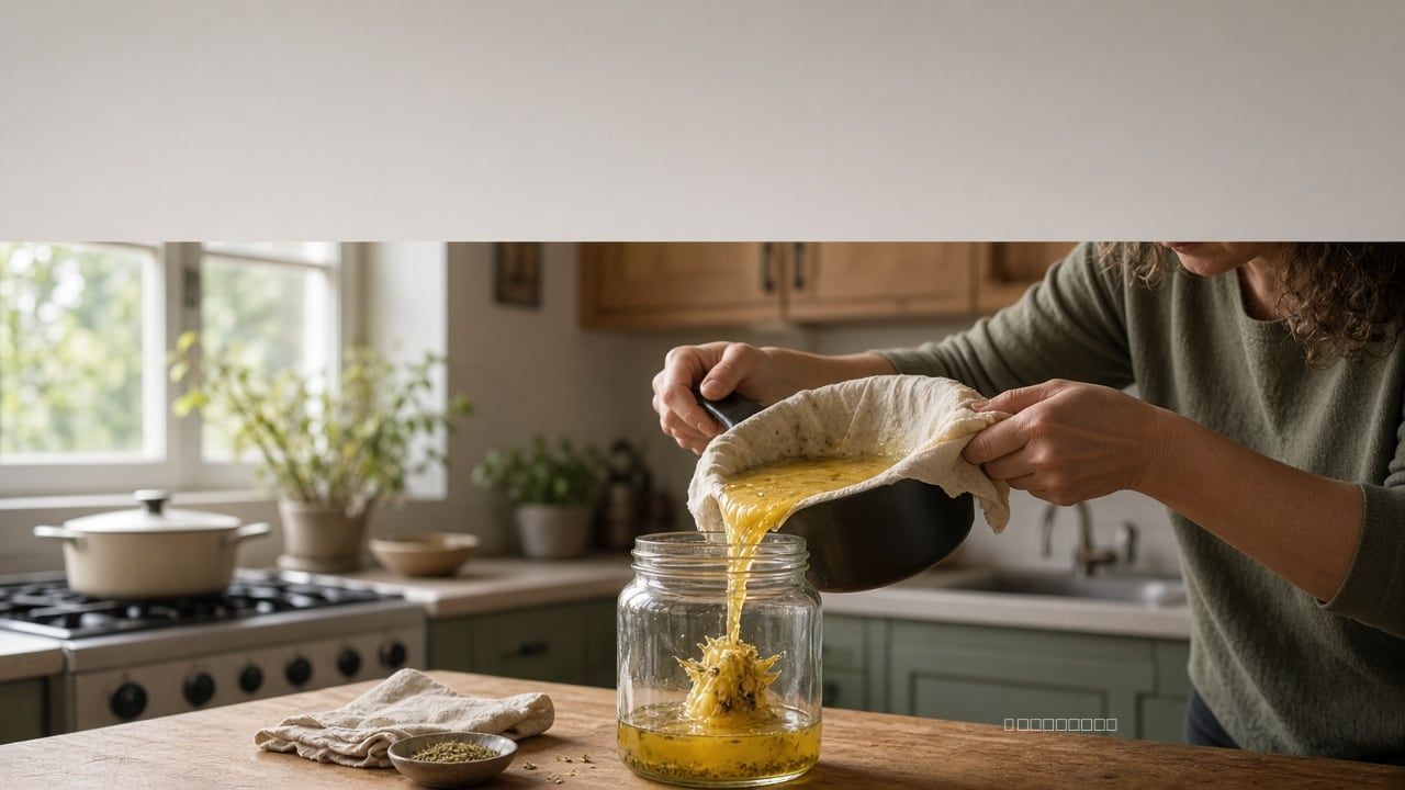 Cook strains a small cannabis-butter infusion through cloth into a glass jar