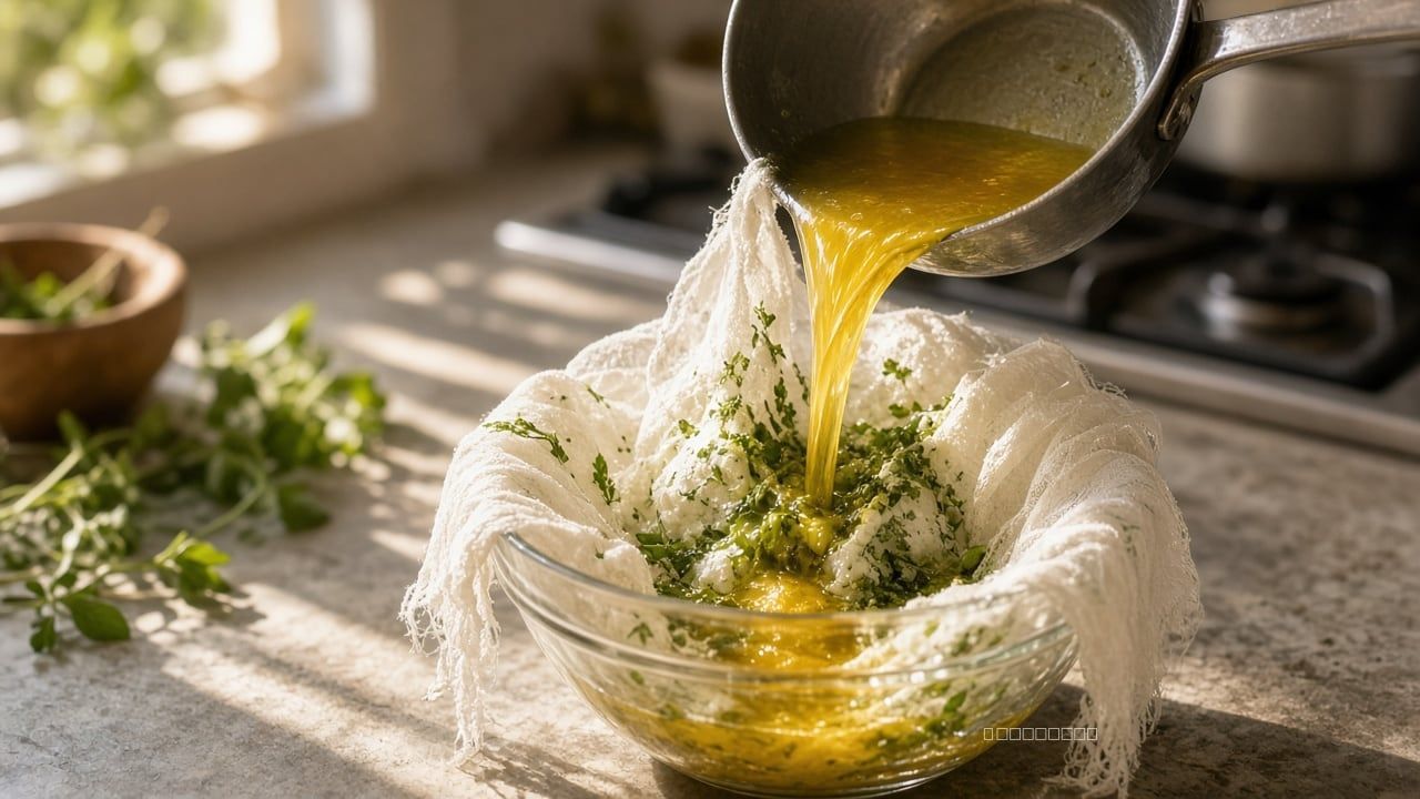 Golden butter straining through cheesecloth into a glass bowl from a saucepan