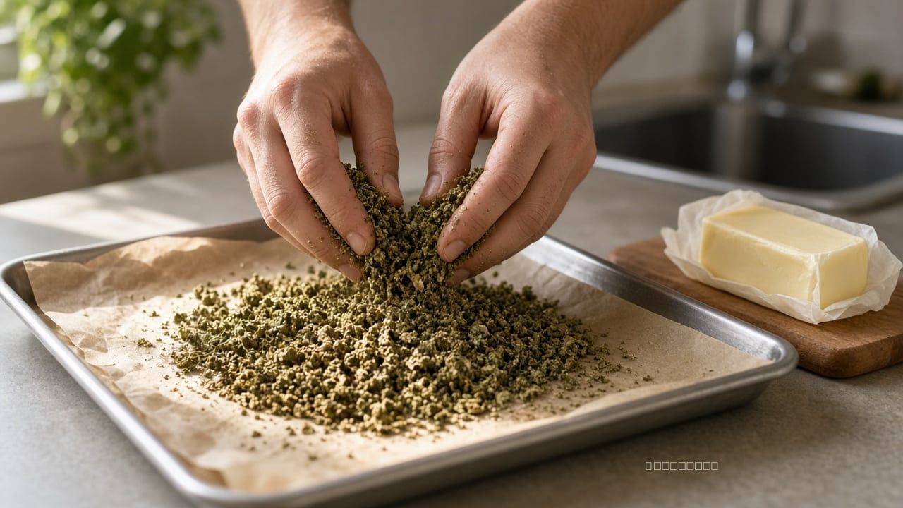 Hands crumbling toasted cannabis flowers on a sheet pan beside a stick of butter