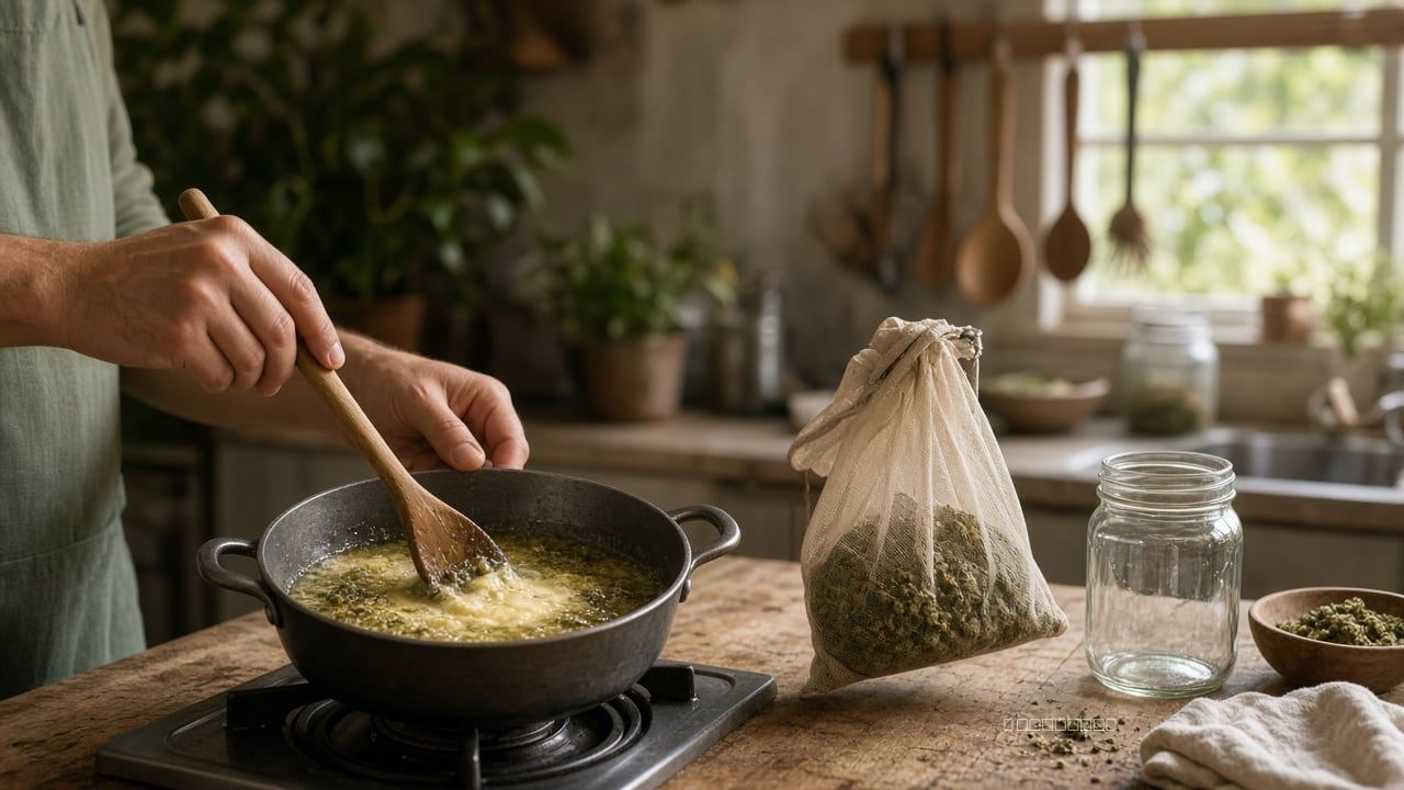 Hands stirring ground cannabis into melting butter in a saucepan on a home kitchen stove