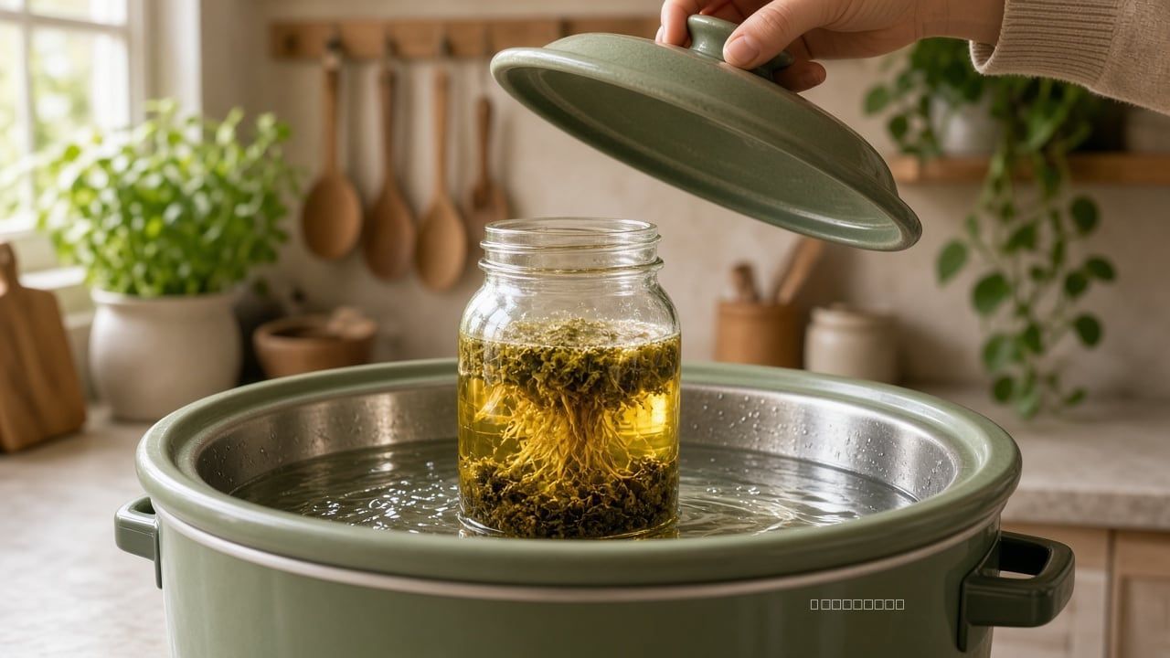 Mason jar of cannabis and oil warming in a slow cooker water bath as a lid lifts