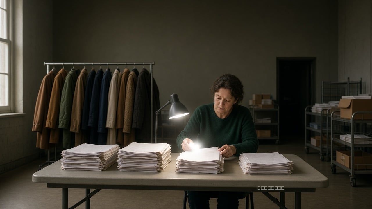 Elections staffer bringing two stacks of petition pages together on a long table.