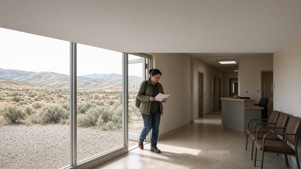 Patient stepping through an Idaho clinic doorway with a paper form, high-desert lot beyond.