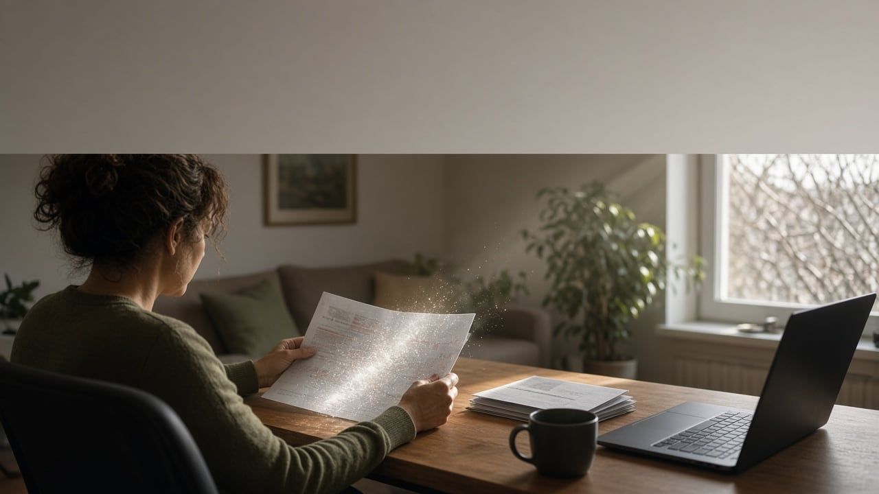 Person at a home desk unfolding printed election pages beside a closed packet.