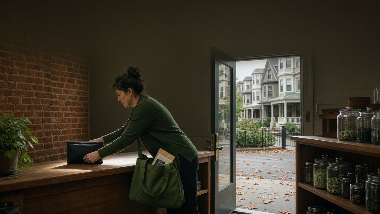 Shop worker handing a bag across a brick-storefront counter, pamphlet in a tote nearby.