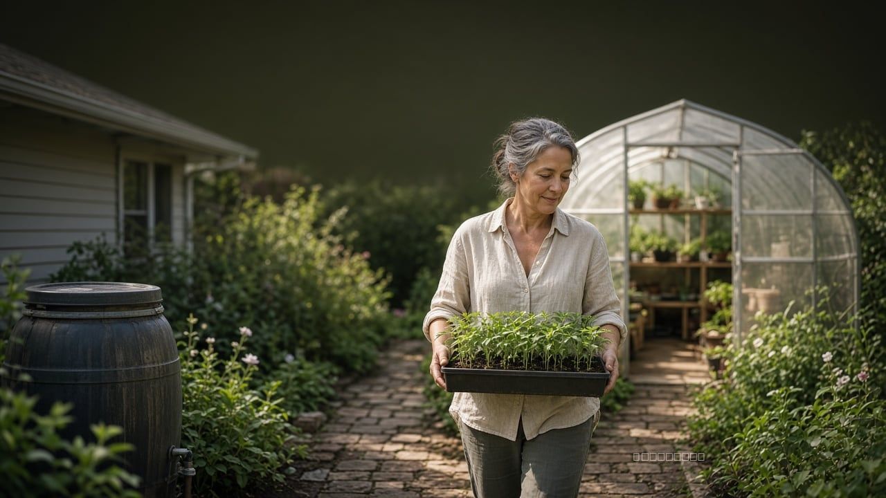Square cover artwork,, high contrast. A woman in her fifties in a rolled linen shirt carries a shallow unmarked tray of