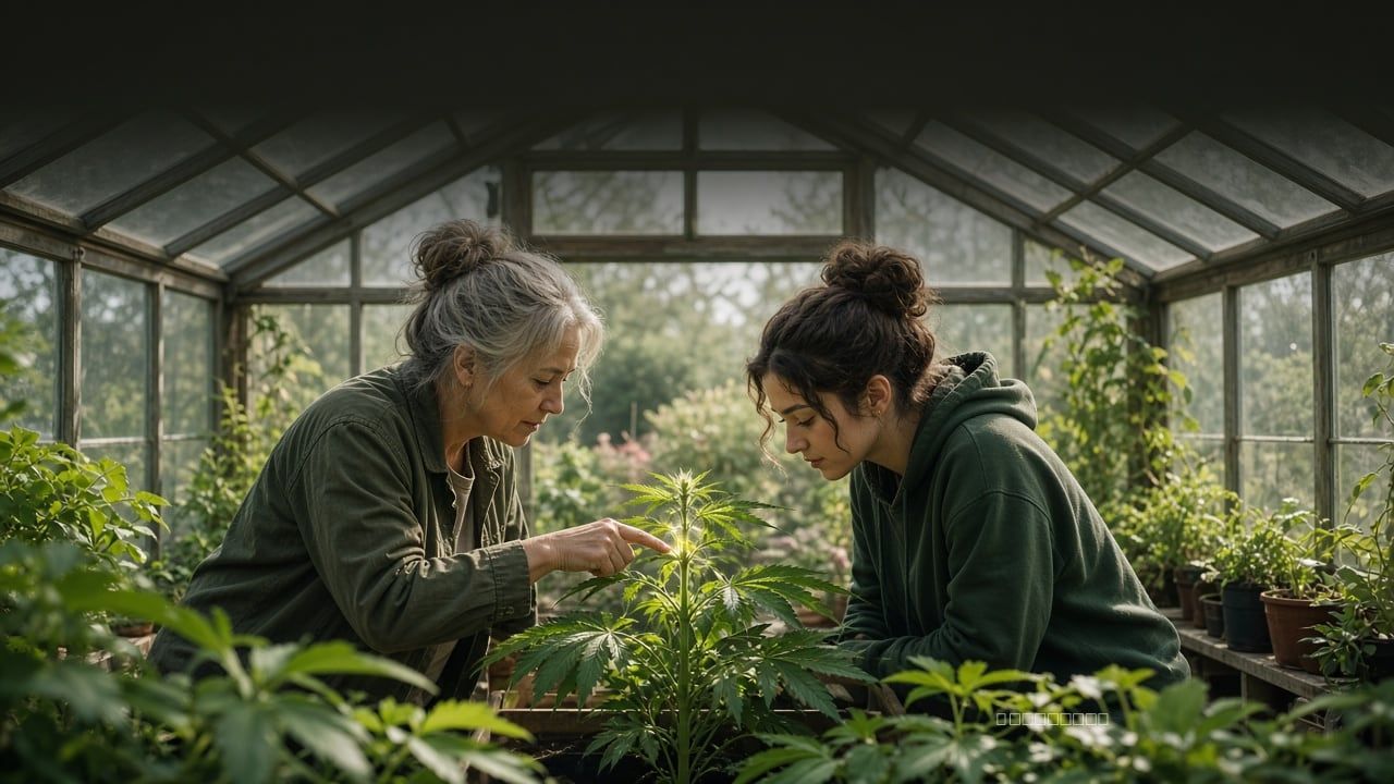 Two women leaning in over a cannabis plant inside a greenhouse