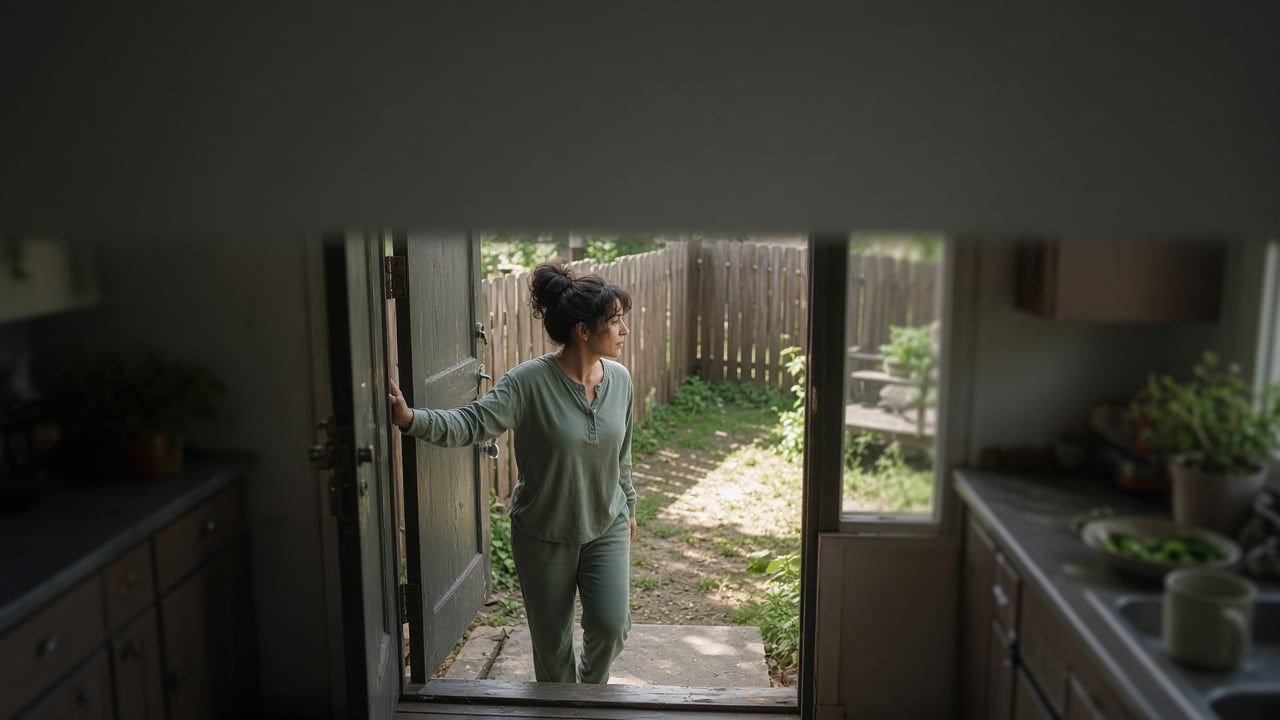 Woman crossing from her back door into a small fenced yard
