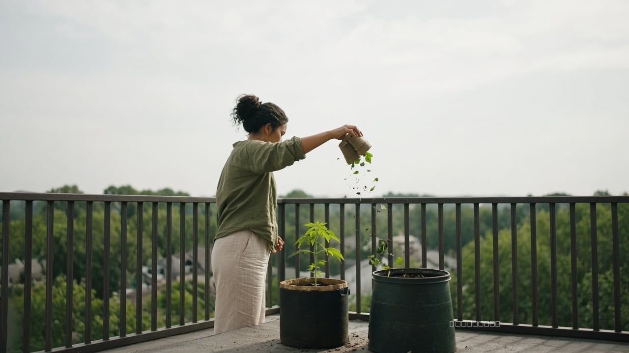 Woman moving extra starter cups away from one balcony seedling