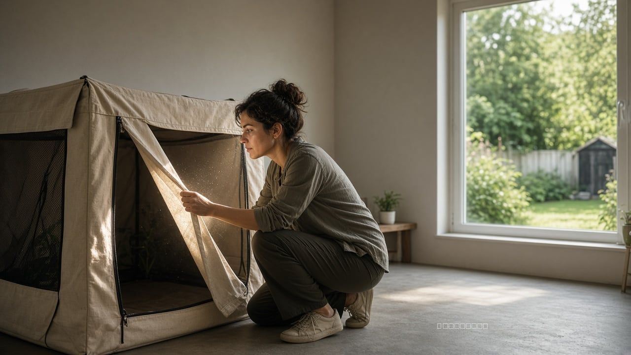 Woman opening a canvas grow tent in a spare room by a window