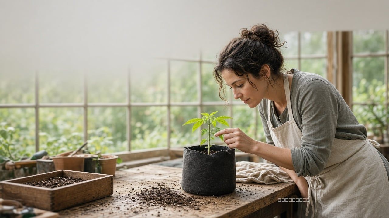 Woman studying a young cannabis seedling as new leaves open