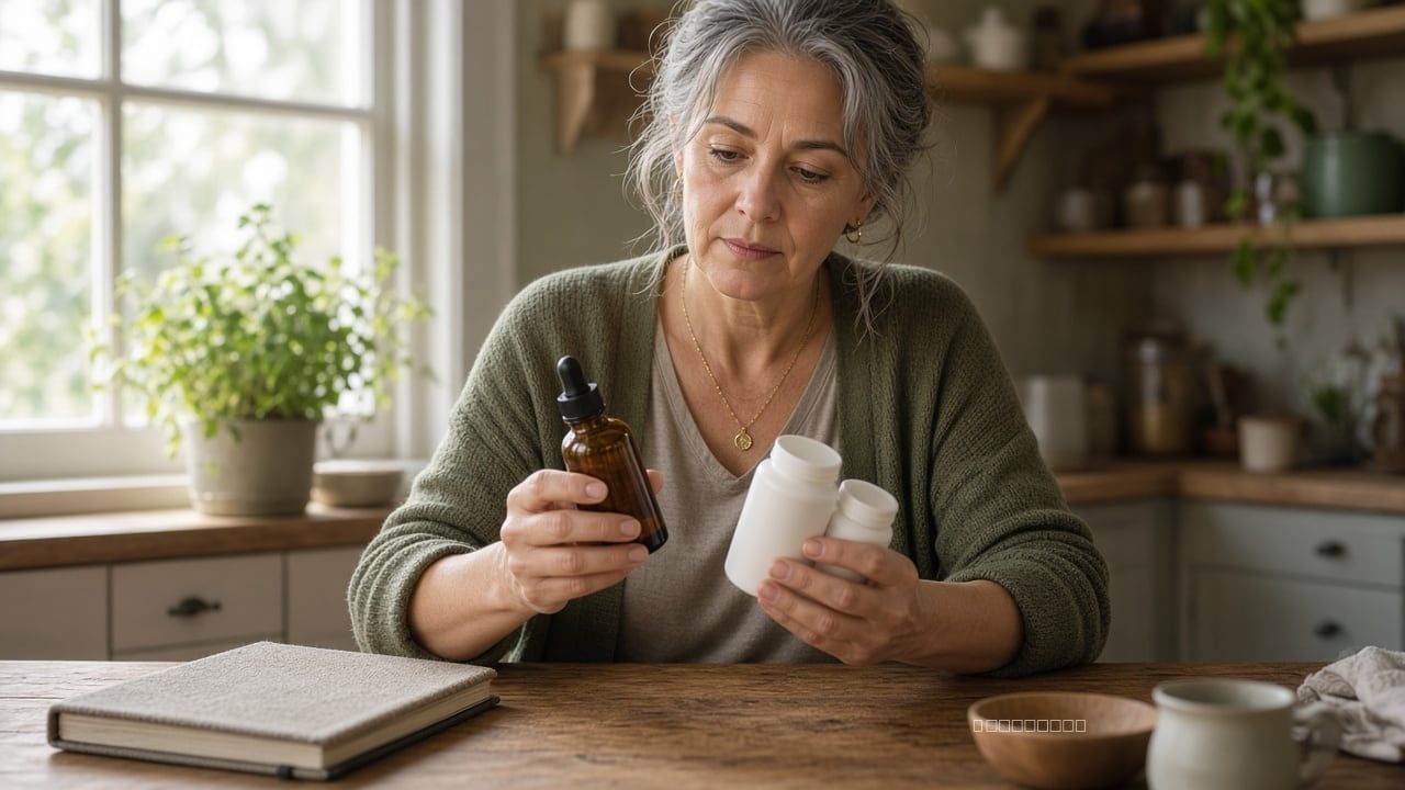 Hands bringing a dropper bottle together with unmarked pill bottles on a table