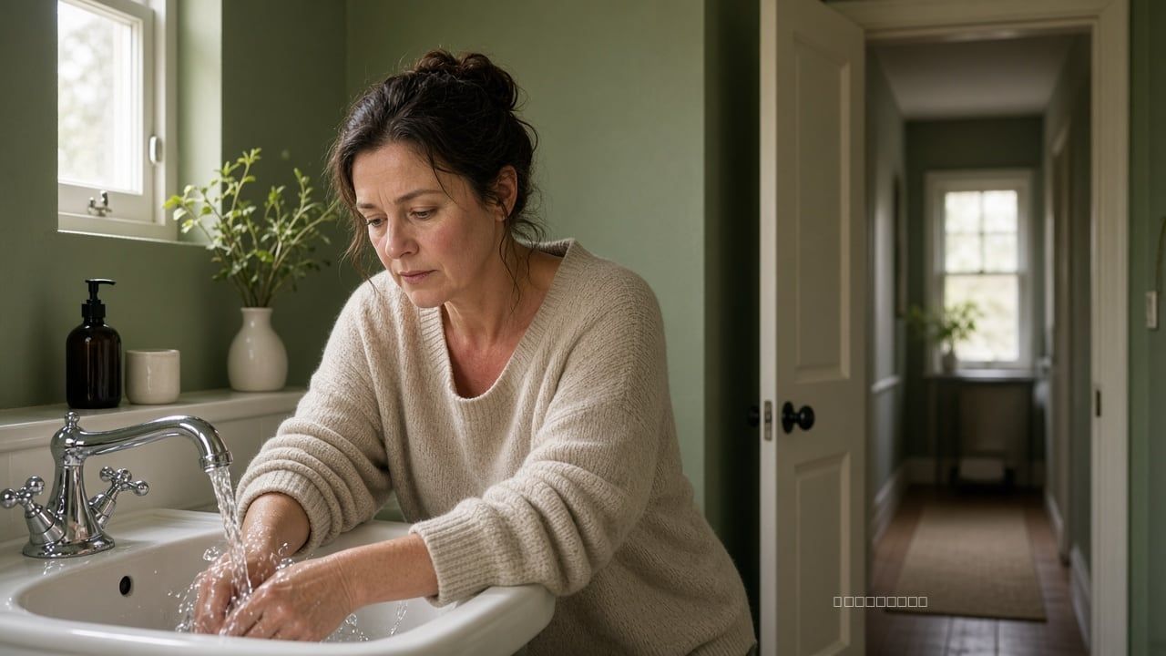 Woman cooling her wrists at a bathroom sink as a hot flash lifts her sweater collar