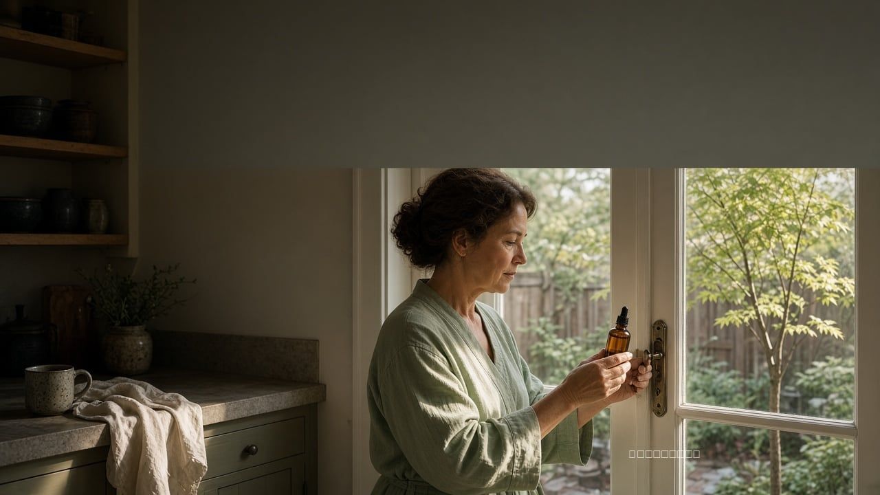 Woman in a cotton robe opening a kitchen door at morning, amber dropper bottle in her hand