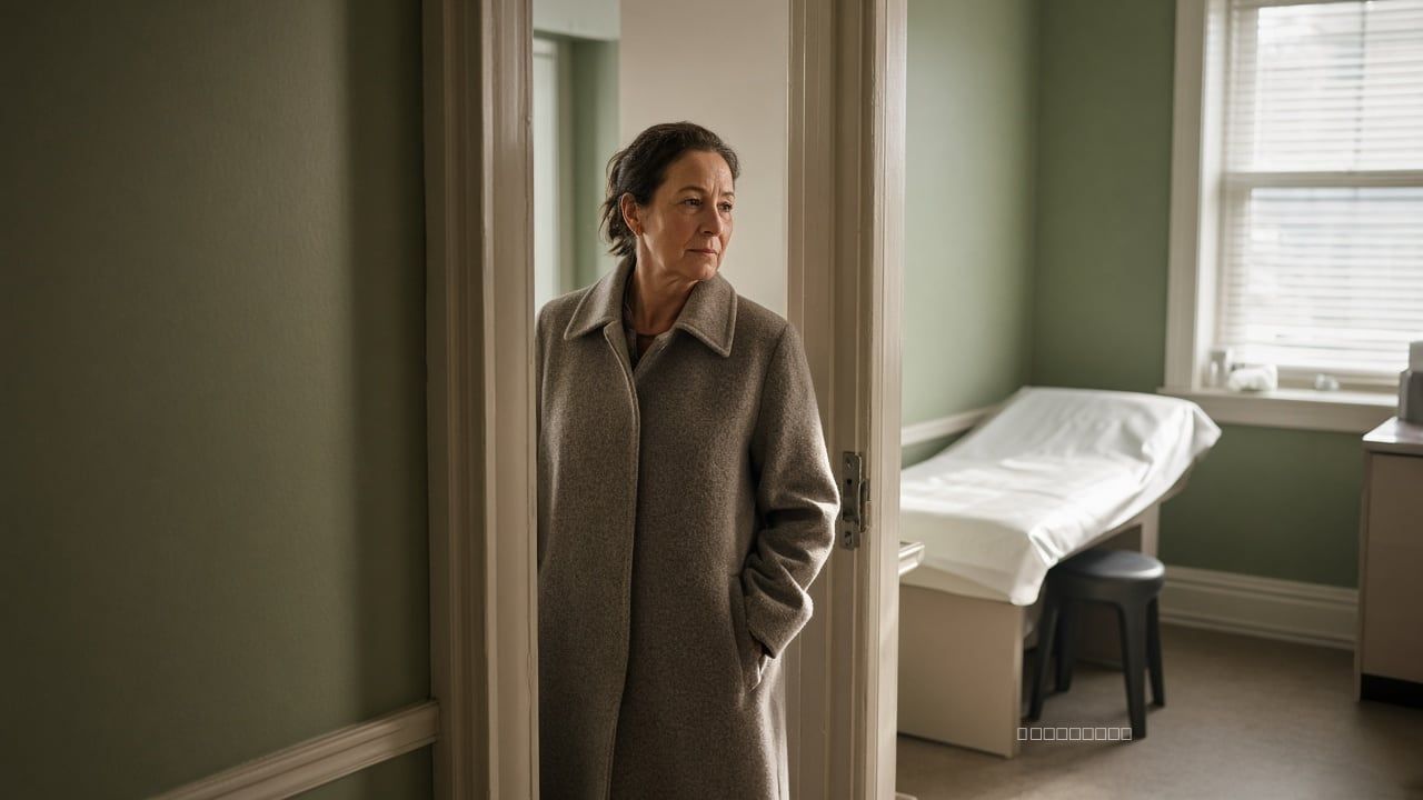 Woman in a wool coat walking through a clinic exam-room doorway