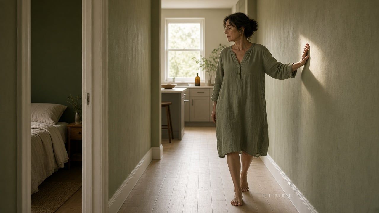 Woman walking a pale hallway toward the kitchen after broken sleep at dawn