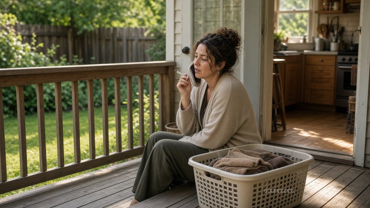 Woman on a porch talking on the phone with a joint and a laundry basket nearby