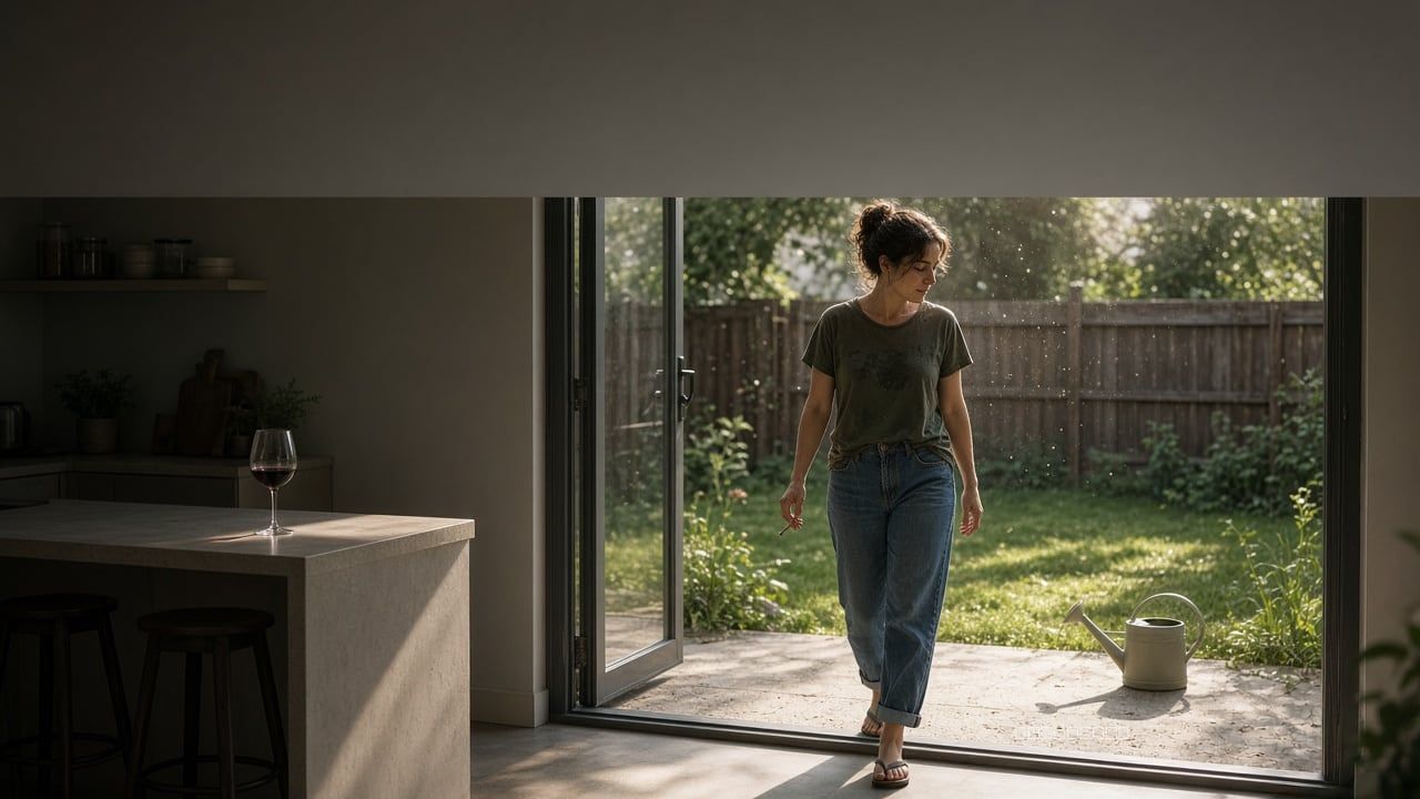 Woman stepping from a kitchen onto a backyard, leaving a wine glass on the counter