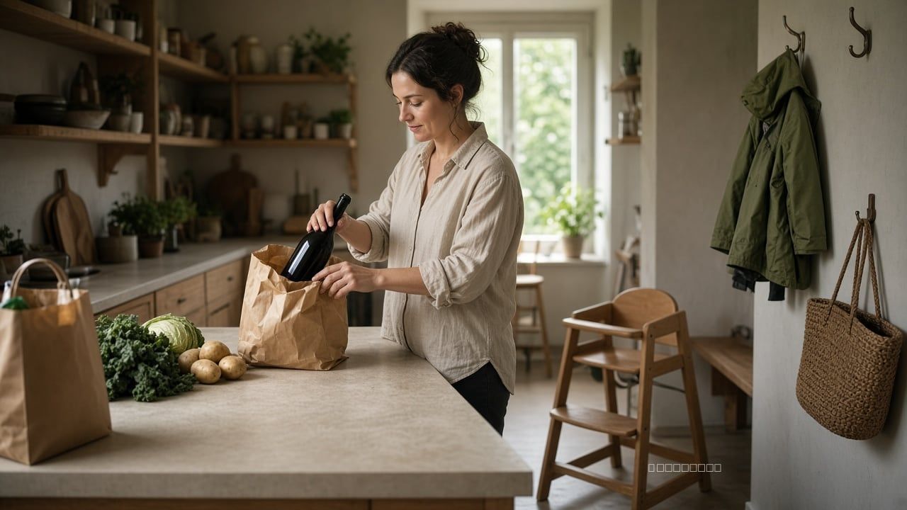 Woman unpacking an unlabeled wine bottle from a grocery bag beside an empty high chair